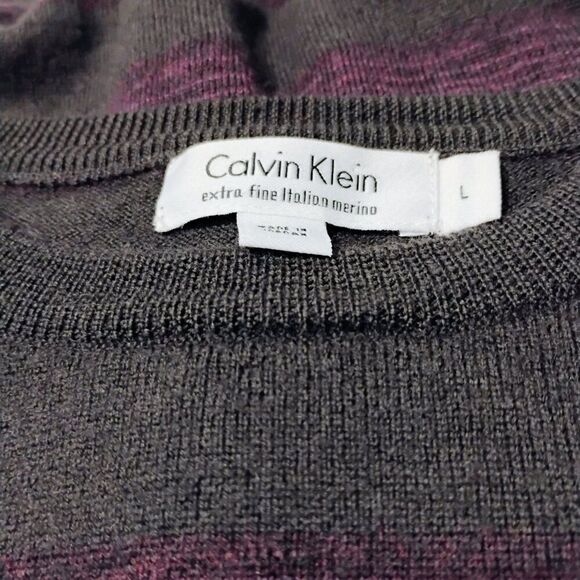 Calvin Klein Women's Sweater Crew Neck Merino Wool Stripe Soft Olive Eggplant L - Picture 8 of 11